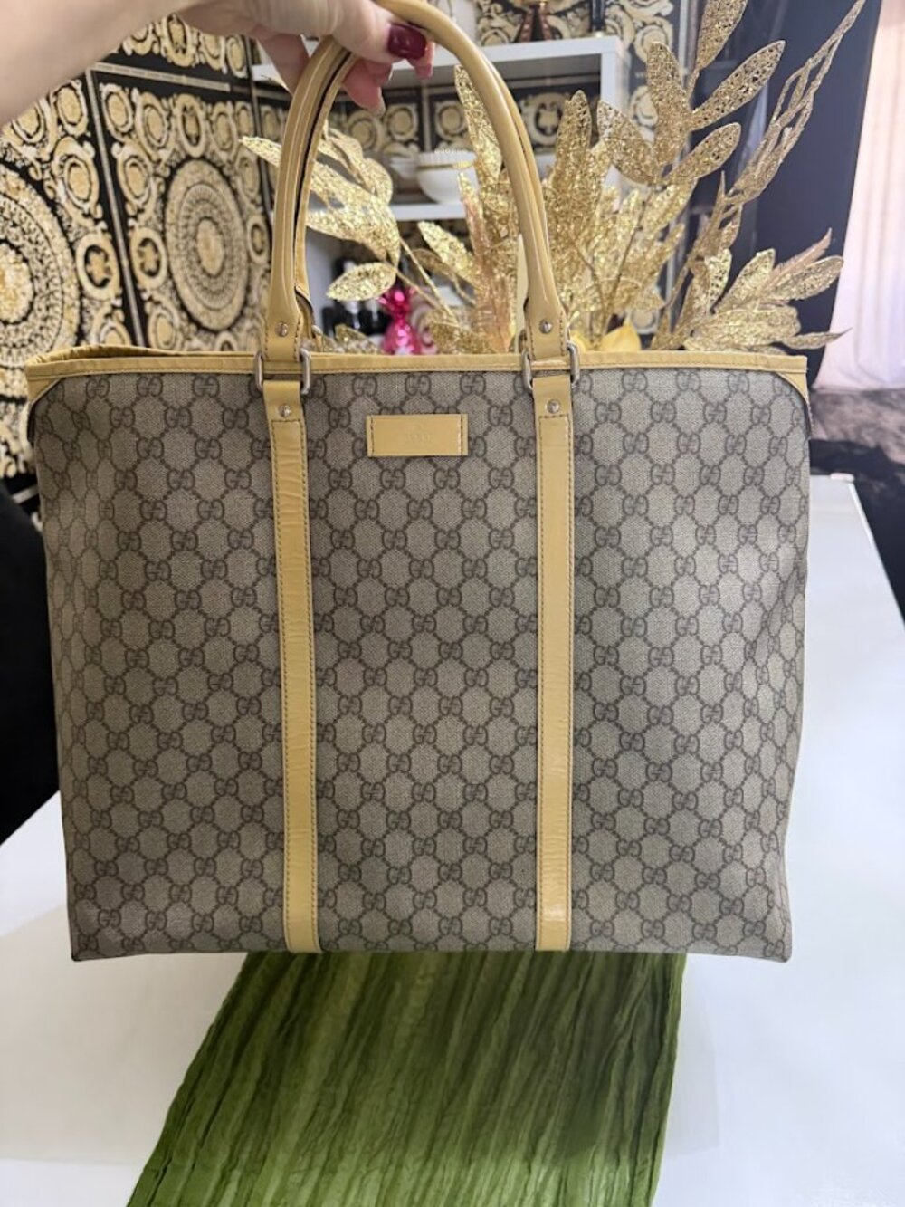 Authentic Gucci GG Canvas Large Tote Bag Beige Monogram Leather Made in Italy - Picture 14 of 16